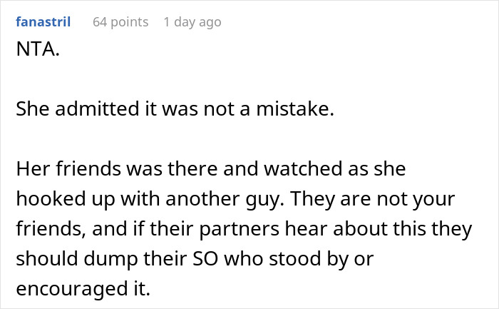 Reddit comment screenshot on refusing to take back a cheating girlfriend. Reddit comment screenshot on refusing to take back a cheating girlfriend.