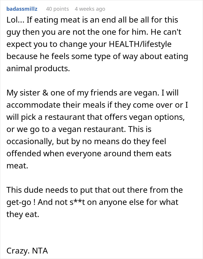 Reddit comment discussing a date where a woman orders a meat burger with a vegan, labeled as tactless. Reddit comment discussing a date where a woman orders a meat burger with a vegan, labeled as tactless.