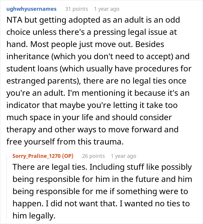 Reddit comments discussing adoption and legal ties as an adult, focusing on issues of estranged parents. Reddit comments discussing adoption and legal ties as an adult, focusing on issues of estranged parents.