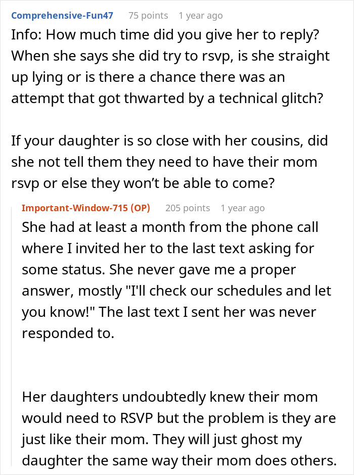 Reddit discussion about RSVP issues related to an aunt and her kids attending a birthday party. Reddit discussion about RSVP issues related to an aunt and her kids attending a birthday party.