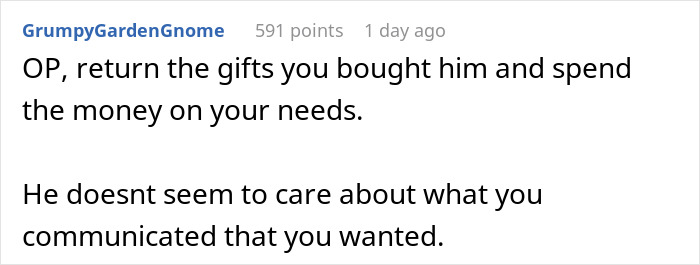 Screenshot of a comment advising to return gifts and focus on personal needs after a surprise gone wrong. Screenshot of a comment advising to return gifts and focus on personal needs after a surprise gone wrong.