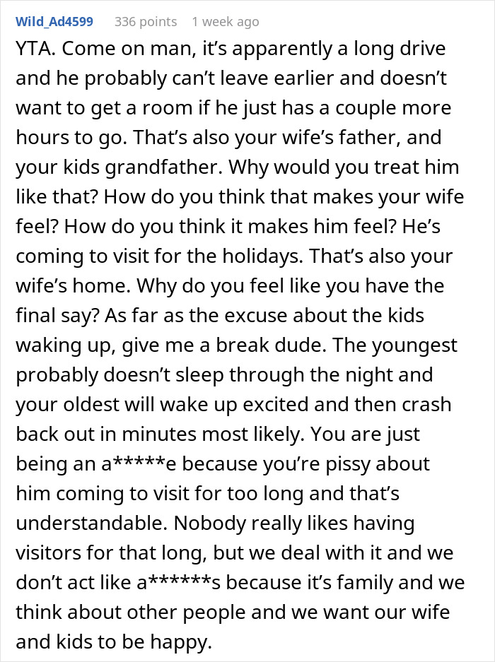 Text comment discussing a couple's argument over FIL’s holiday arrival time. Text comment discussing a couple's argument over FIL’s holiday arrival time.