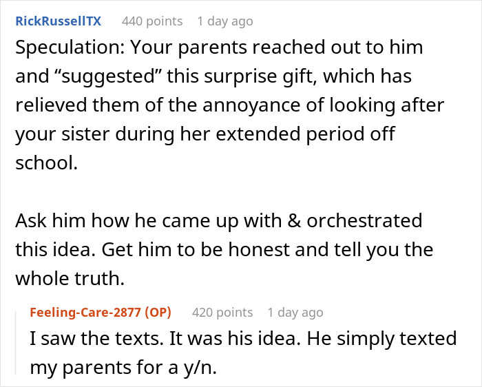 Reddit conversation about a man's surprise gift idea revealed through text messages. Reddit conversation about a man's surprise gift idea revealed through text messages.