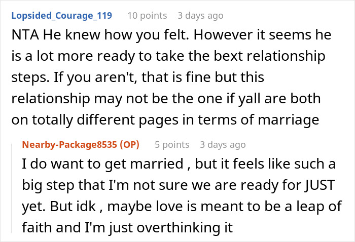 Comment exchange on readiness for marriage proposal discussions. Comment exchange on readiness for marriage proposal discussions.