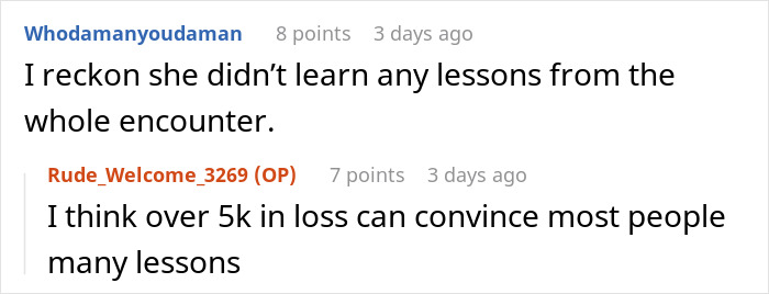 Comments discussing a $5,000 lesson related to driveway parking issues. Comments discussing a $5,000 lesson related to driveway parking issues.