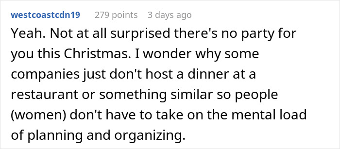 Comment discussing the mental load women face during office Christmas party planning. Comment discussing the mental load women face during office Christmas party planning.