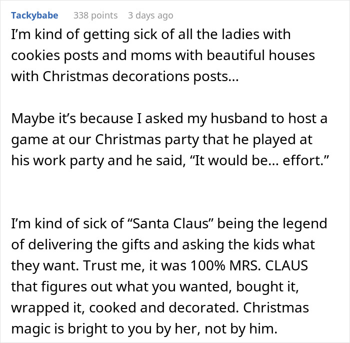 Text discusses Christmas party issues and highlights gender roles leading to dissatisfaction. Text discusses Christmas party issues and highlights gender roles leading to dissatisfaction.