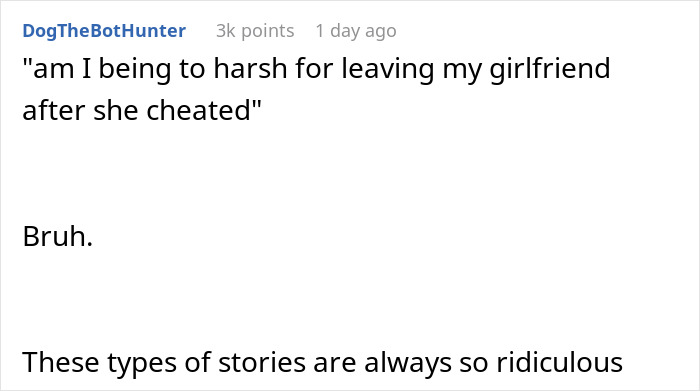 Screenshot of a post discussing refusing to take back a cheating girlfriend, with a sarcastic response. Screenshot of a post discussing refusing to take back a cheating girlfriend, with a sarcastic response.