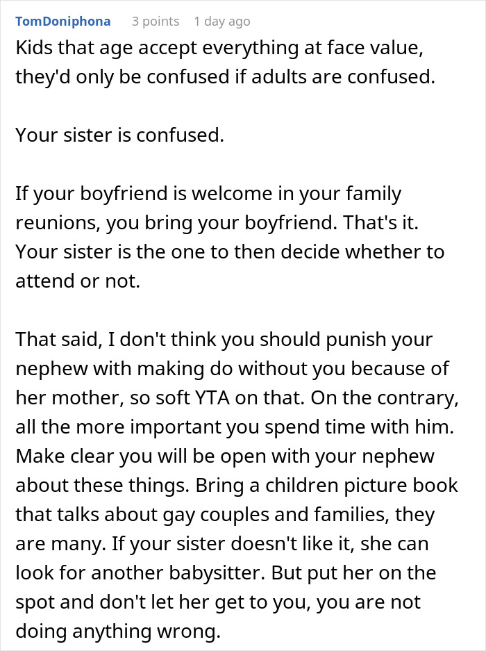 A supportive comment addressing family dynamics and choices related to boyfriend at events. A supportive comment addressing family dynamics and choices related to boyfriend at events.