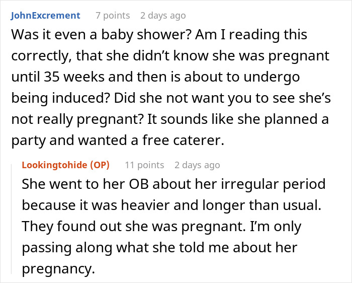 Reddit comments about a woman uninvited from a baby shower discussing pregnancy and catering. Reddit comments about a woman uninvited from a baby shower discussing pregnancy and catering.