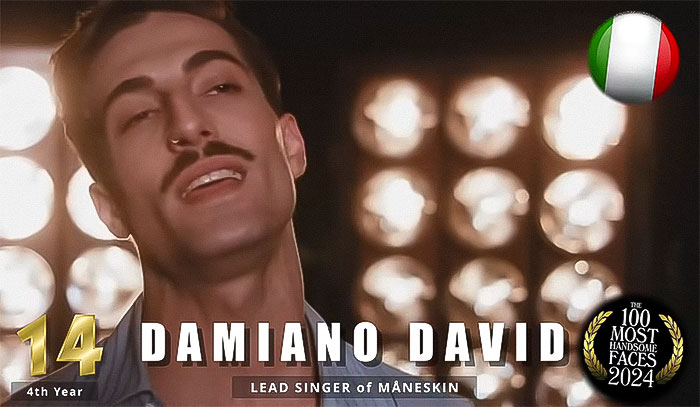 Lead singer of Måneskin, ranked among the most handsome men in 2024, with soft lighting and Italian flag decoration. Lead singer of Måneskin, ranked among the most handsome men in 2024, with soft lighting and Italian flag decoration.