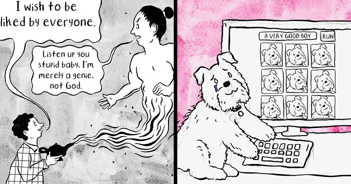 Dark but funny comic by Madeline Horwath shows a genie granting wishes and a dog playing a game on the computer.
