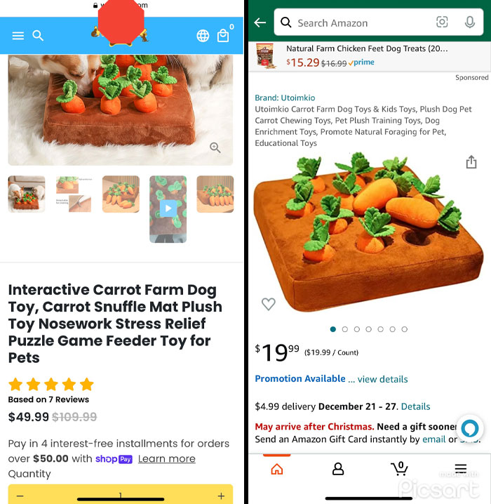 Dog toy with carrot design shown in two different online store listings, illustrating deceptive marketing techniques.
