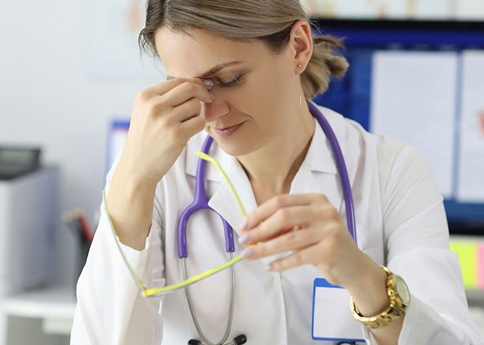 Doctor looking stressed over employer demands on overpayment, holding glasses at a desk. Doctor looking stressed over employer demands on overpayment, holding glasses at a desk.