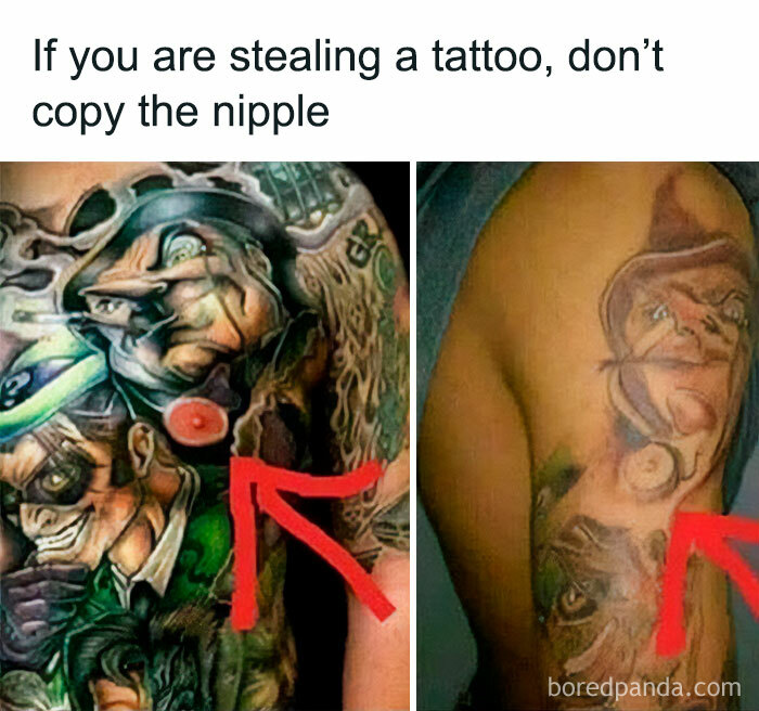 Epic tattoo fail with side-by-side tattoos, featuring a funny caption about copying a n****e.