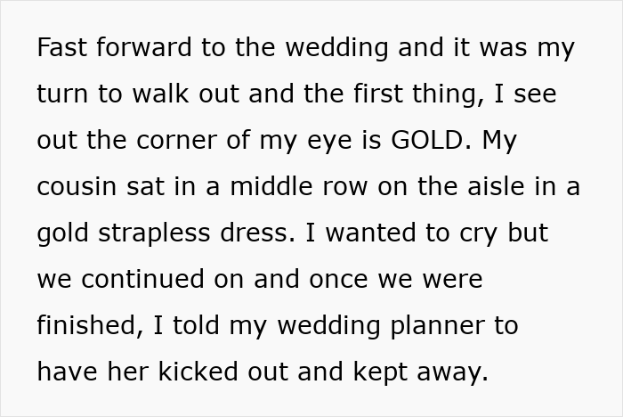 &ldquo;I Wanted To Cry&rdquo;: Bride Embarrasses Cousin By Having Her Thrown Out By Security For Her Dress