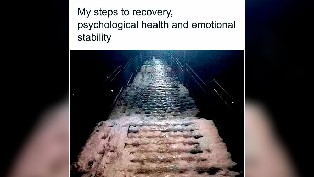 Rough stone stairs leading upward at night representing recovery, psychological health, and emotional stability meme.