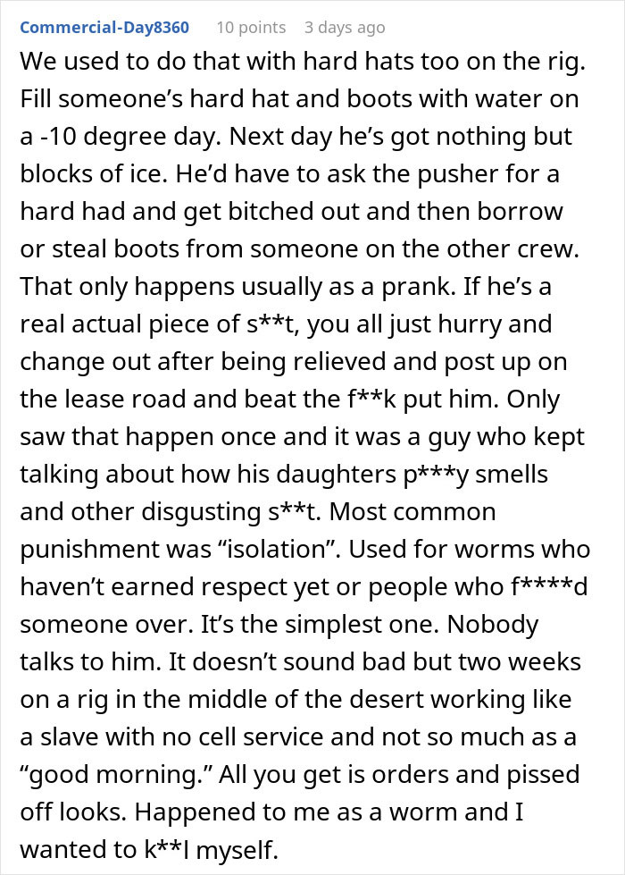 Text describing a prank involving filling boots with water as revenge on a rig. Text describing a prank involving filling boots with water as revenge on a rig.