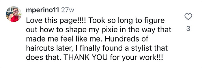 Instagram comment praising hairdresser for inclusive cuts and styling a pixie cut perfectly. Instagram comment praising hairdresser for inclusive cuts and styling a pixie cut perfectly.
