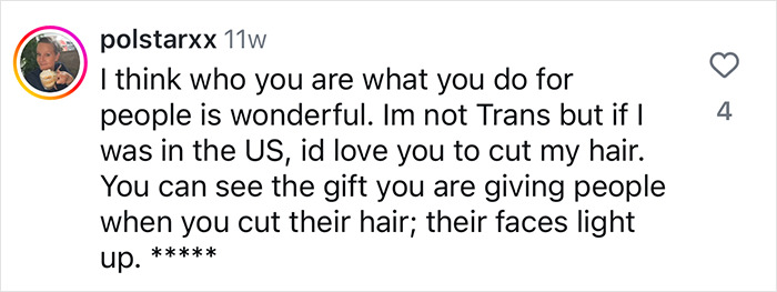 Comment praising hairdresser for creating inclusive safe space for haircuts and bringing joy to clients. Comment praising hairdresser for creating inclusive safe space for haircuts and bringing joy to clients.
