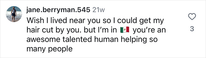 Comment praising a hairdresser for creating a safe, inclusive space for haircuts. Comment praising a hairdresser for creating a safe, inclusive space for haircuts.