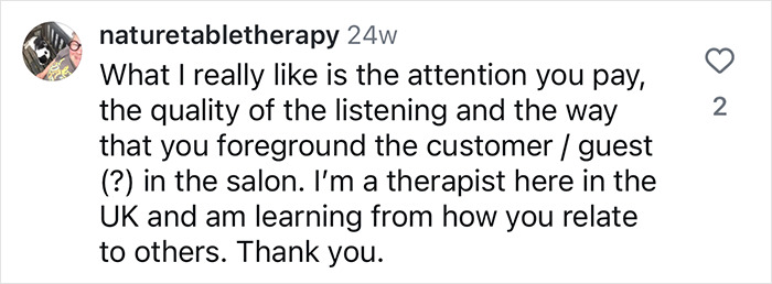 Instagram comment praising a hairdresser for creating an inclusive space in salons; user commends attentiveness. Instagram comment praising a hairdresser for creating an inclusive space in salons; user commends attentiveness.