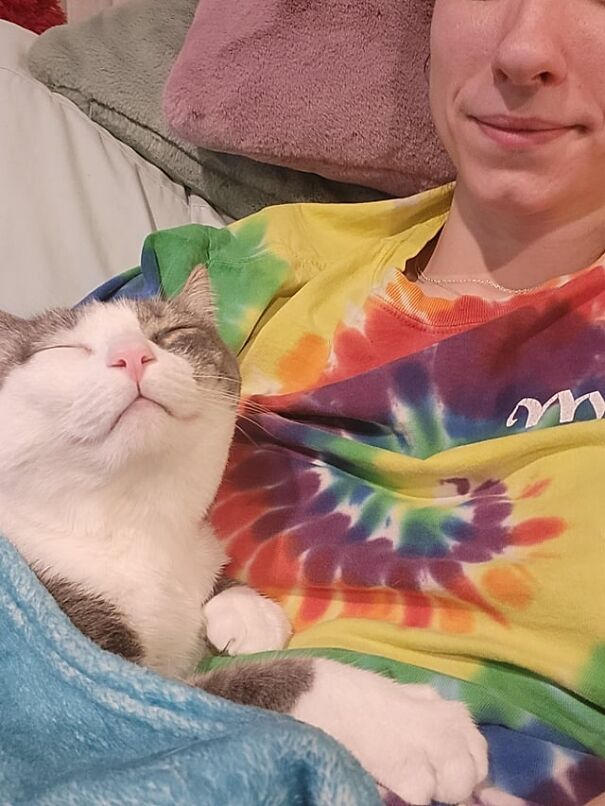 Cat smiling with eyes closed, resting on owner wearing a tie-dye shirt, showing pure happiness.