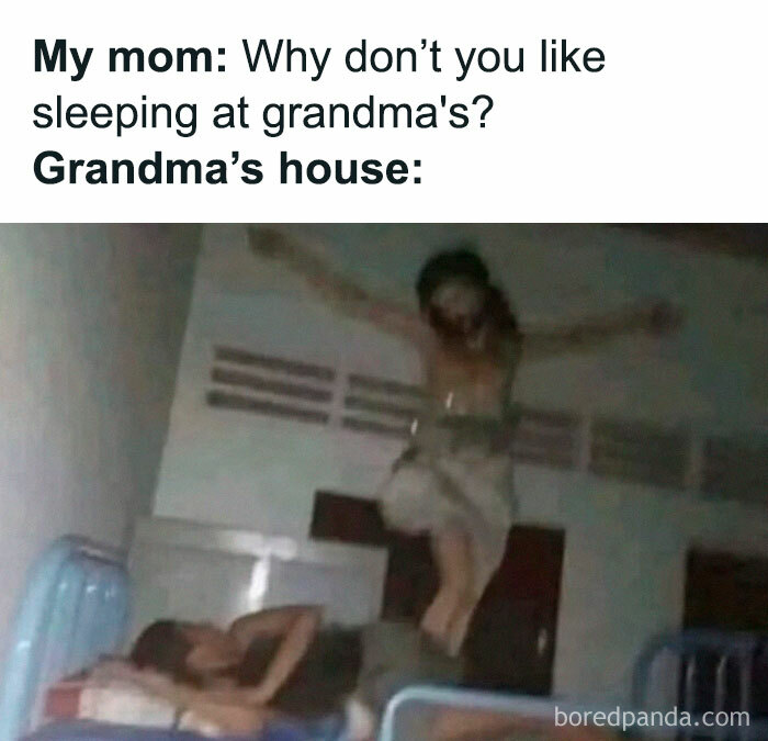 Child jumping on bunk bed at night in a funny fail image.