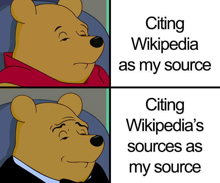 Pooh meme comparing citing Wikipedia versus its sources, combining science knowledge with humor.