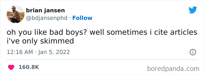 Science meme text about skimming articles, tweeted by brian jansen, humorously likening it to being a 'bad boy'.