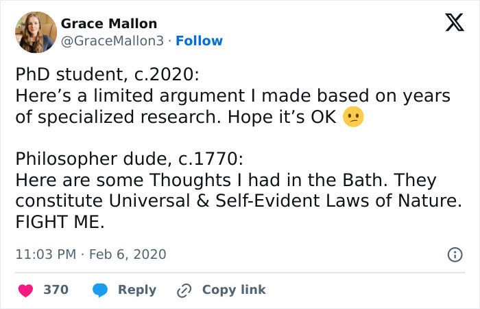 PhD student vs philosopher humorous science meme highlighting differences in research confidence across eras.