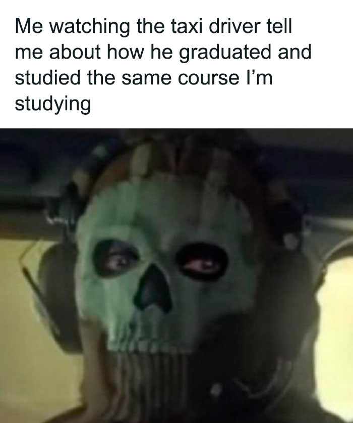 A person wearing a skull mask while listening to a story, representing a relatable science meme with humor.