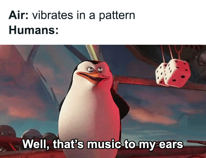 Penguin meme humorously depicting humans reacting to air vibrations as music, combining science and humor.
