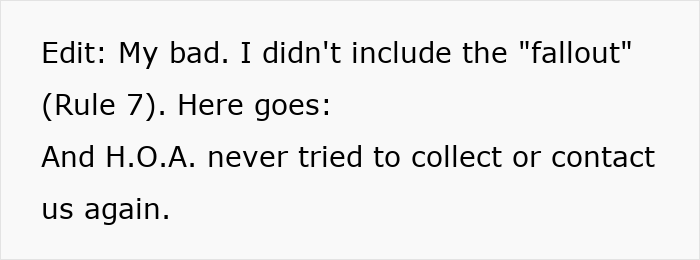 Text discussing HOA stopping attempts to contact after a violation dispute. Text discussing HOA stopping attempts to contact after a violation dispute.