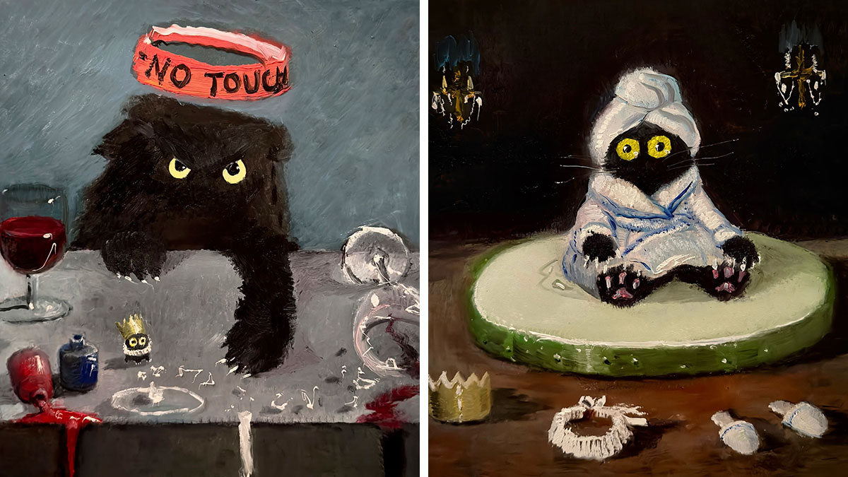 44 Humorous Paintings Of Black Cats Being Chaotic In Various Settings Painted By This Artist