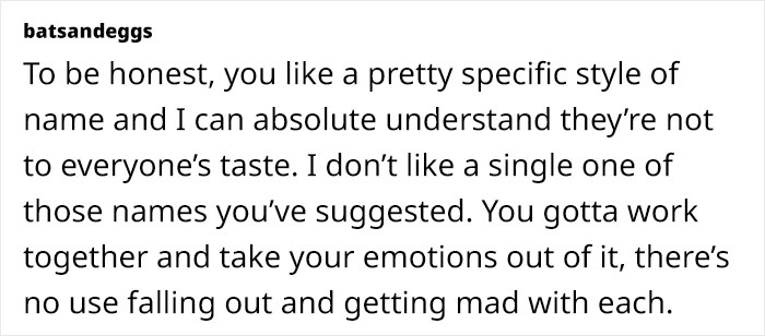 Discussion text about baby name preferences and emotional conflicts between partners. Discussion text about baby name preferences and emotional conflicts between partners.