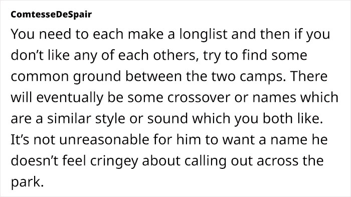 Discussion on finding common ground in baby names after "Ottilie" is vetoed, suggesting compromises in a text post. Discussion on finding common ground in baby names after "Ottilie" is vetoed, suggesting compromises in a text post.