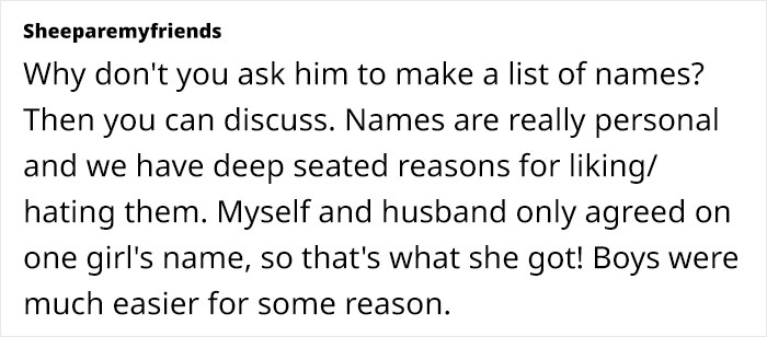 Forum post discussing difficulties in agreeing on baby names, highlighting personal reasons for name preferences. Forum post discussing difficulties in agreeing on baby names, highlighting personal reasons for name preferences.