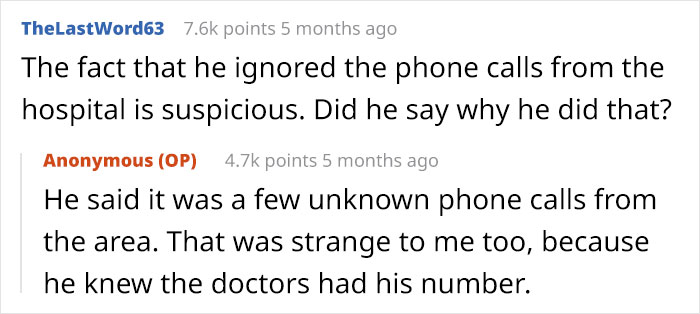 Reddit comments about husband's reaction to unknown calls during wife's surgery. Reddit comments about husband's reaction to unknown calls during wife's surgery.