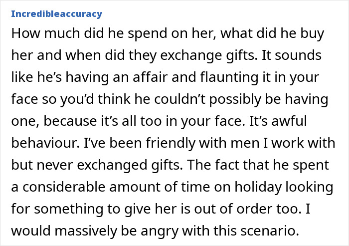 Woman upset over husband's "work wife" overshadowing her gift. Woman upset over husband's "work wife" overshadowing her gift.