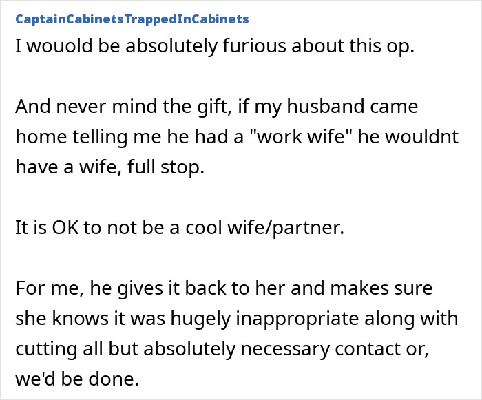 Text discussing a husband's "work wife" overshadowing his wife's gift. Text discussing a husband's "work wife" overshadowing his wife's gift.