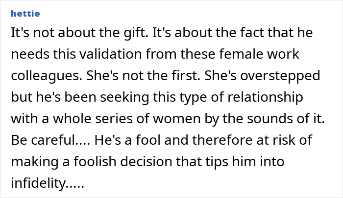 Text comment about a husband's gift being overshadowed by his work wife's present. Text comment about a husband's gift being overshadowed by his work wife's present.