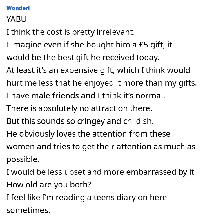 Text discussing a woman's frustration about her husband's attention to his work wife's gift. Text discussing a woman's frustration about her husband's attention to his work wife's gift.