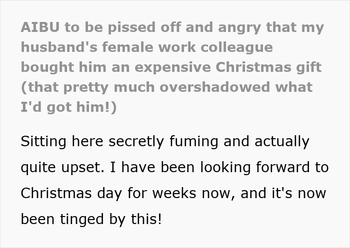Upset woman frustrated about husband's work wife's gift overshadowing her own Christmas present. Upset woman frustrated about husband's work wife's gift overshadowing her own Christmas present.