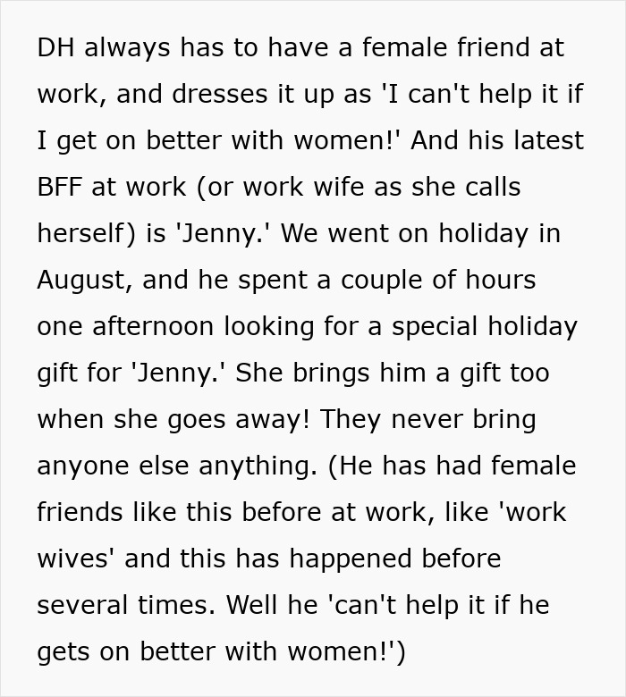 Text highlights husband's attention to "work wife" overshadowing wife's gift. Text highlights husband's attention to "work wife" overshadowing wife's gift.