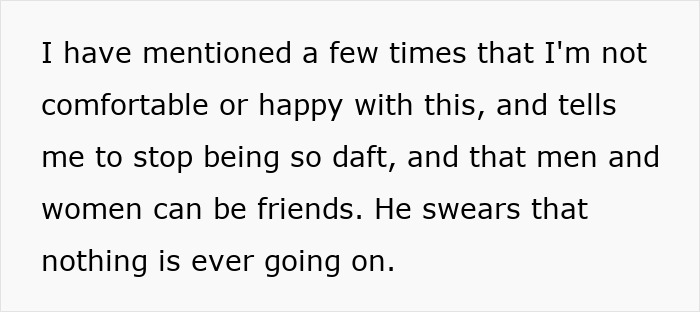 Text expressing discomfort about husband's "work wife" relationship. Text expressing discomfort about husband's "work wife" relationship.