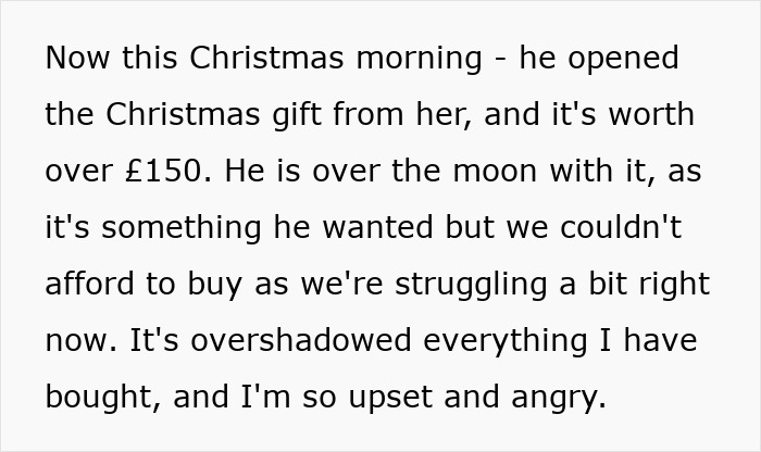 Text about a woman's Christmas gift to husband being overshadowed by his work wife's present. Text about a woman's Christmas gift to husband being overshadowed by his work wife's present.
