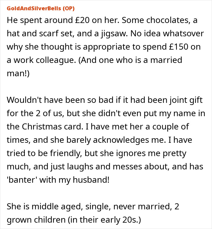 Text describing frustration over husband's work wife's expensive gift overshadowing a personal present. Text describing frustration over husband's work wife's expensive gift overshadowing a personal present.