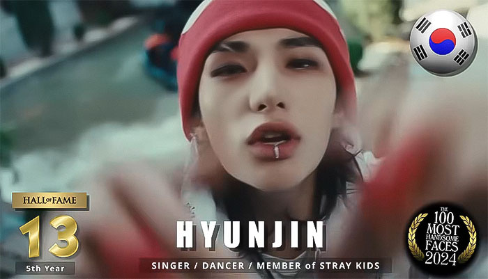 Hyunjin ranked among the most handsome men of 2024, wearing a red beanie and lip ring. Hyunjin ranked among the most handsome men of 2024, wearing a red beanie and lip ring.
