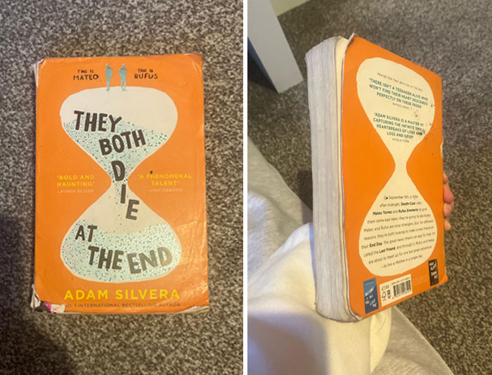 Worn copy of "They Both Die at the End" by Adam Silvera, symbolizing infuriating family members with its damaged cover.